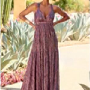 Elegant Metallic Gold-Purple Maxi Dress